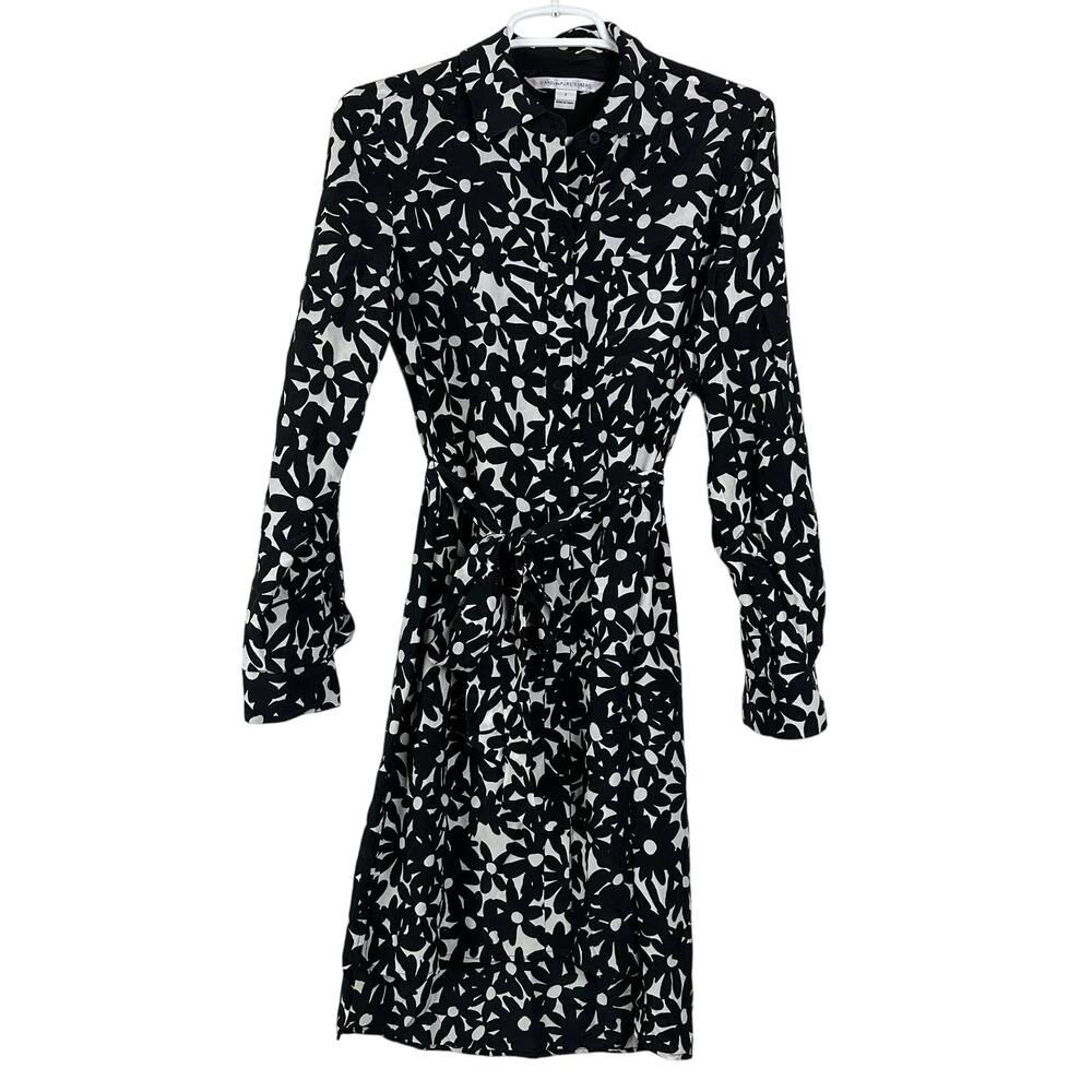 Diane Von Furstenberg Silk Black White Floral Shirt Dress 2 Long Sleeve